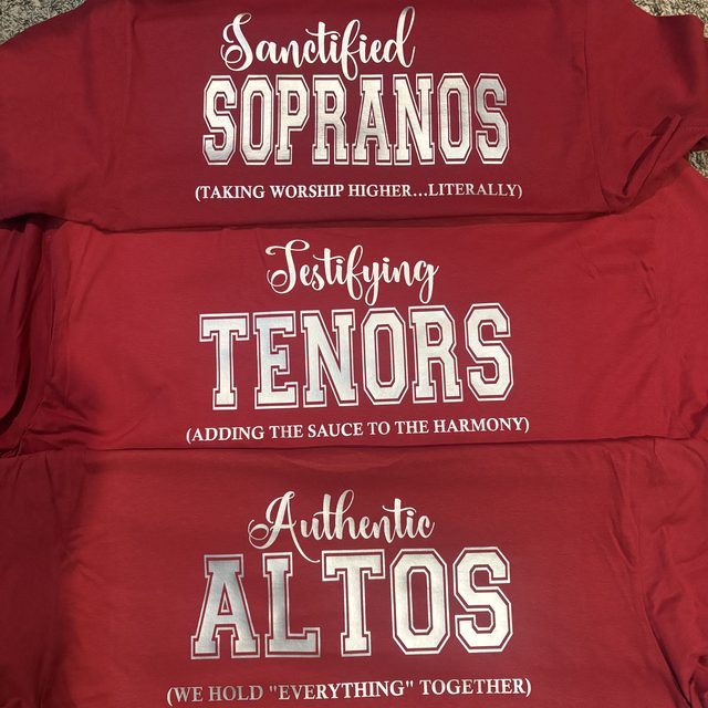 Custom choir team shirts with matching designs