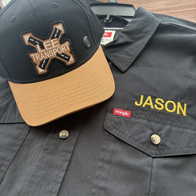 Custom embroidered cap and personalized work shirt